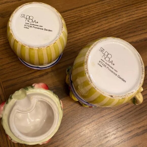 CREAMER & SUGAR SET STUDIO NOVA PROVENCE GARDEN #KT 436 YELLOW STRIPE GUC - Picture 2 of 4